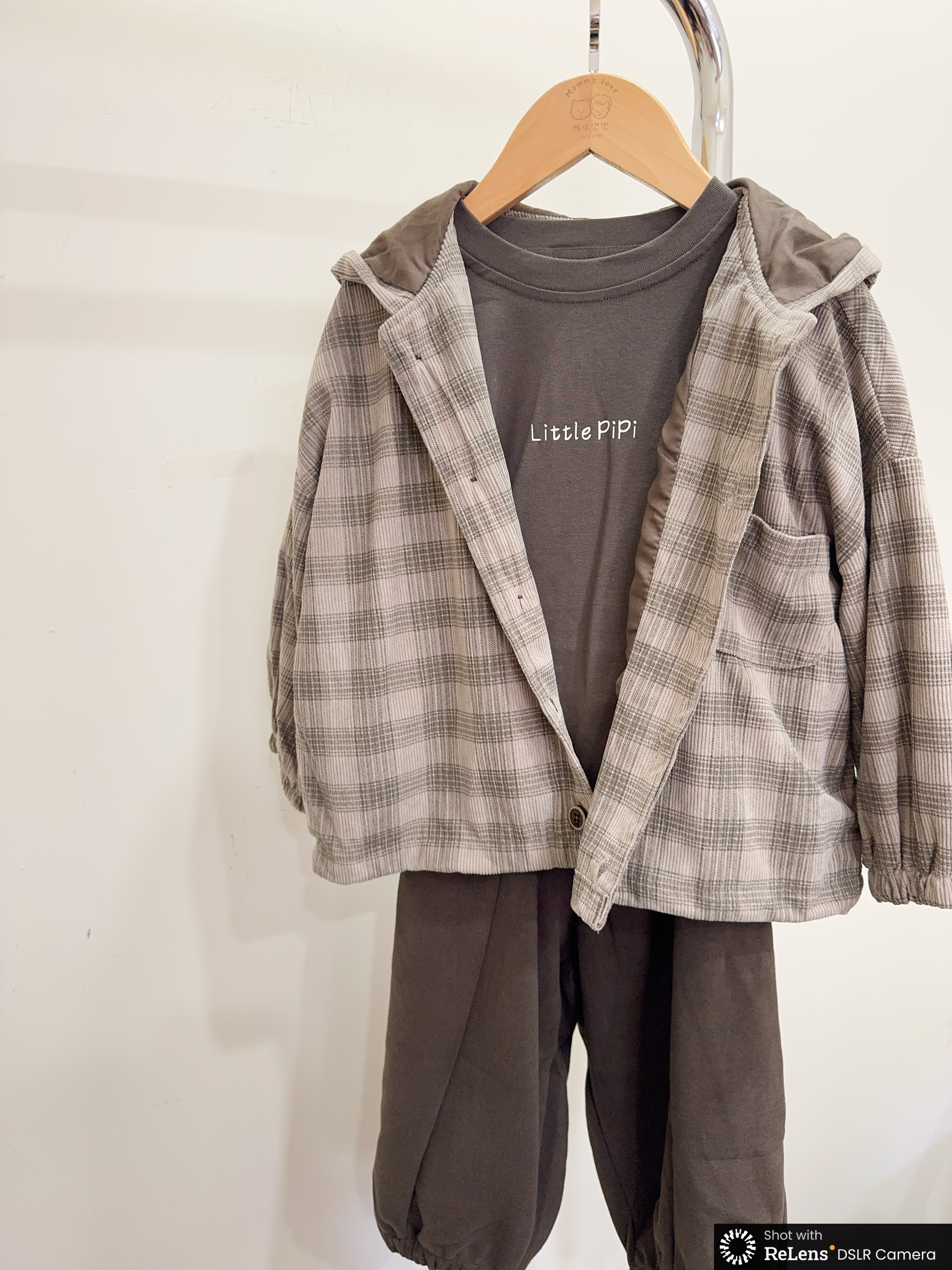 2589復古棕格紋連帽外套縮口褲三件套