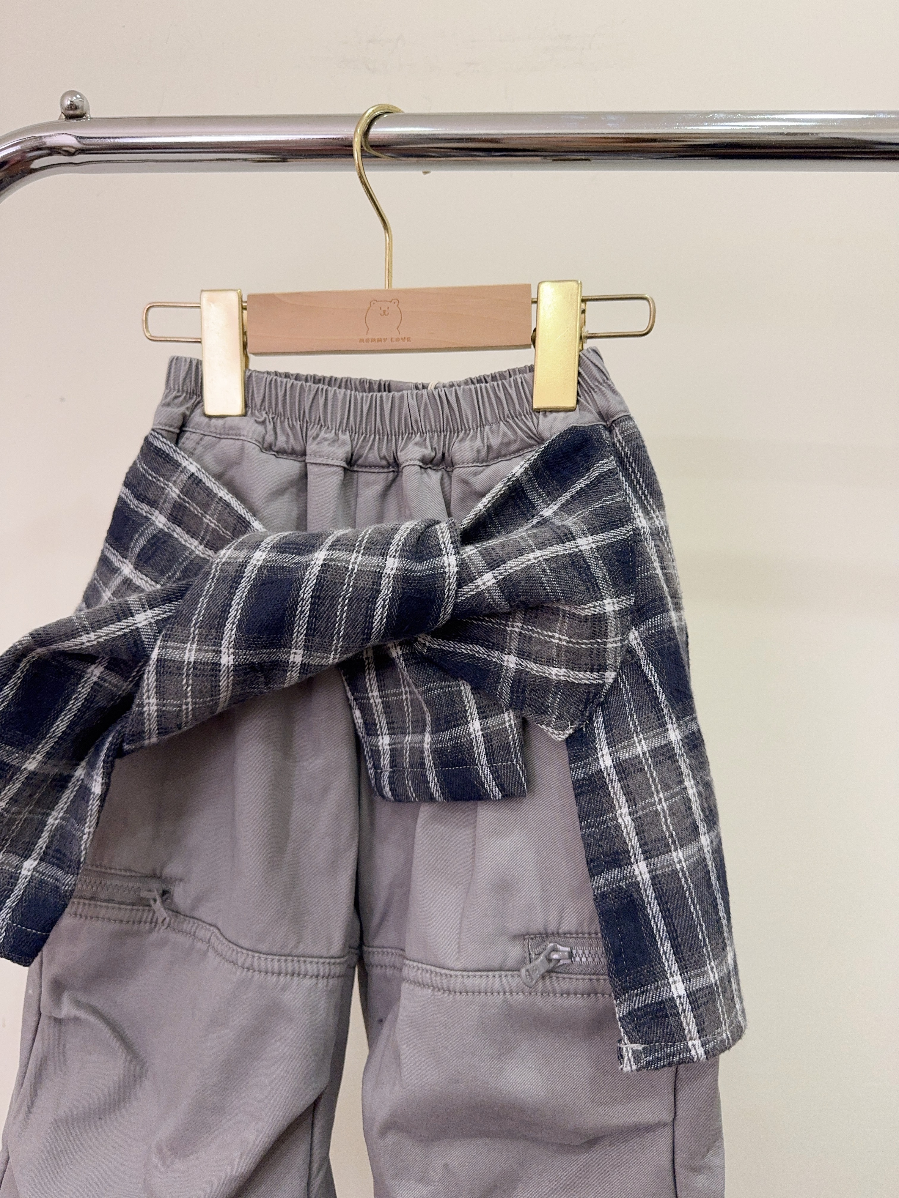 53228設計師家-假兩件格紋綁帶造型長褲