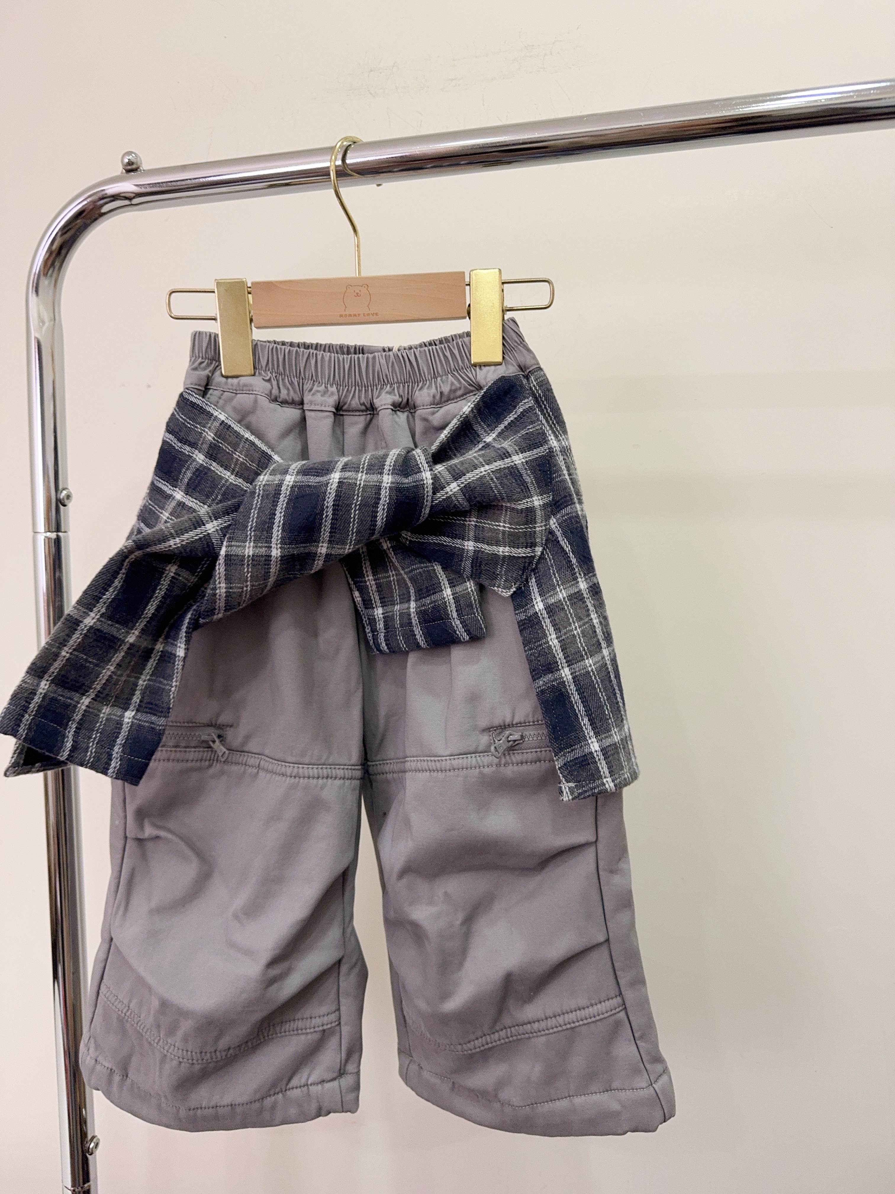 53228設計師家-假兩件格紋綁帶造型長褲