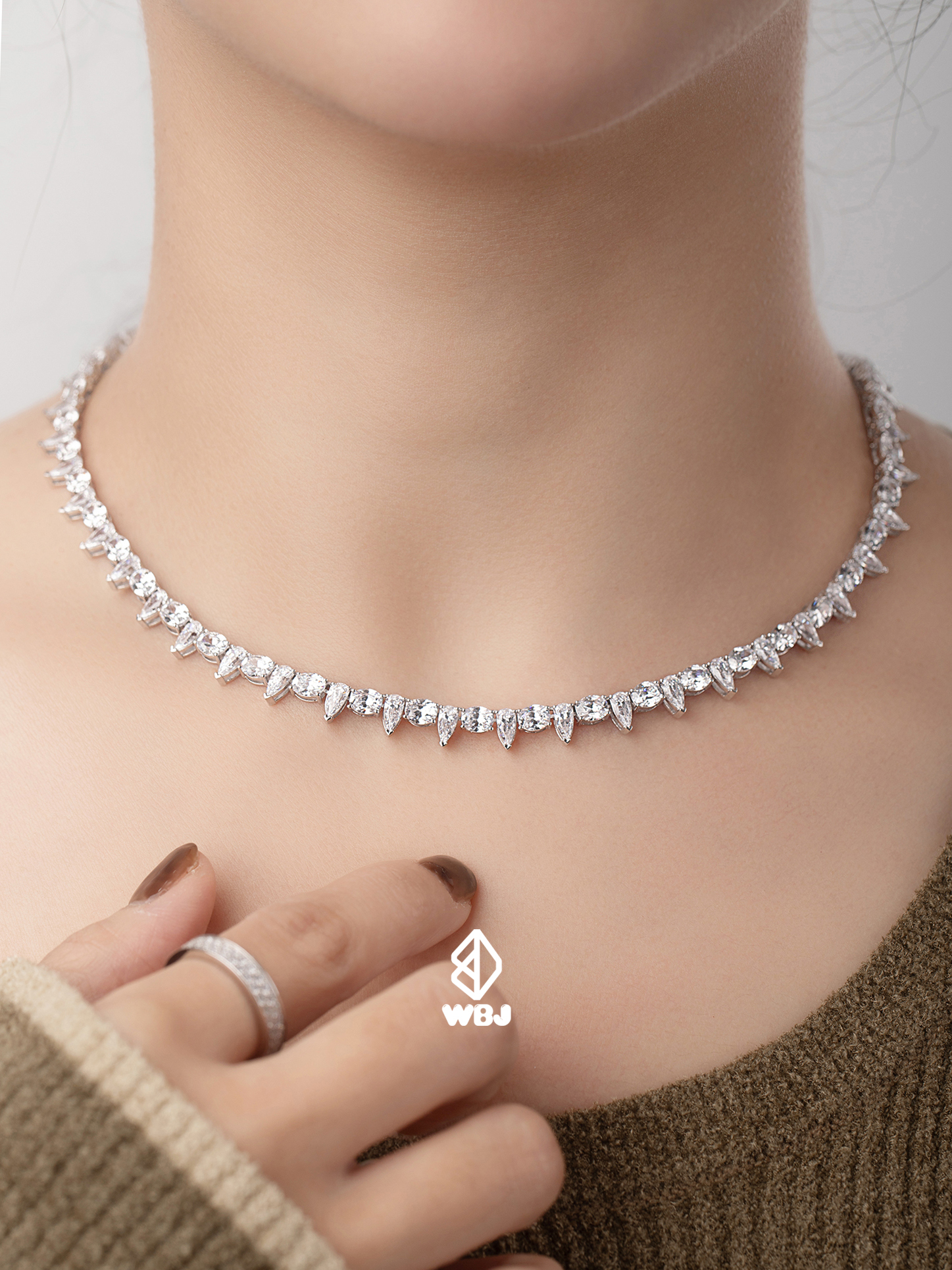 純銀福斯特網球項鍊 異形寶石混鑲 925銀 電鍍18K白金