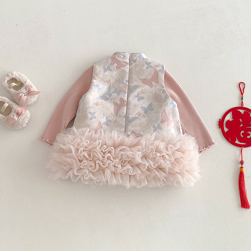 蝴蝶拼接網紗裙擺旗袍(73-120)