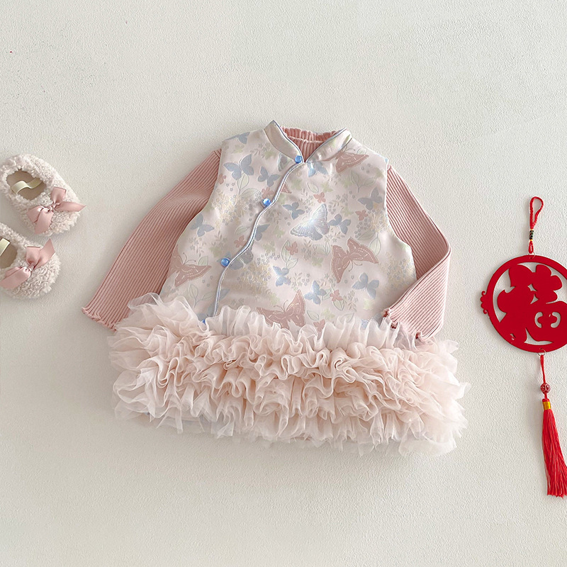 蝴蝶拼接網紗裙擺旗袍(73-120)