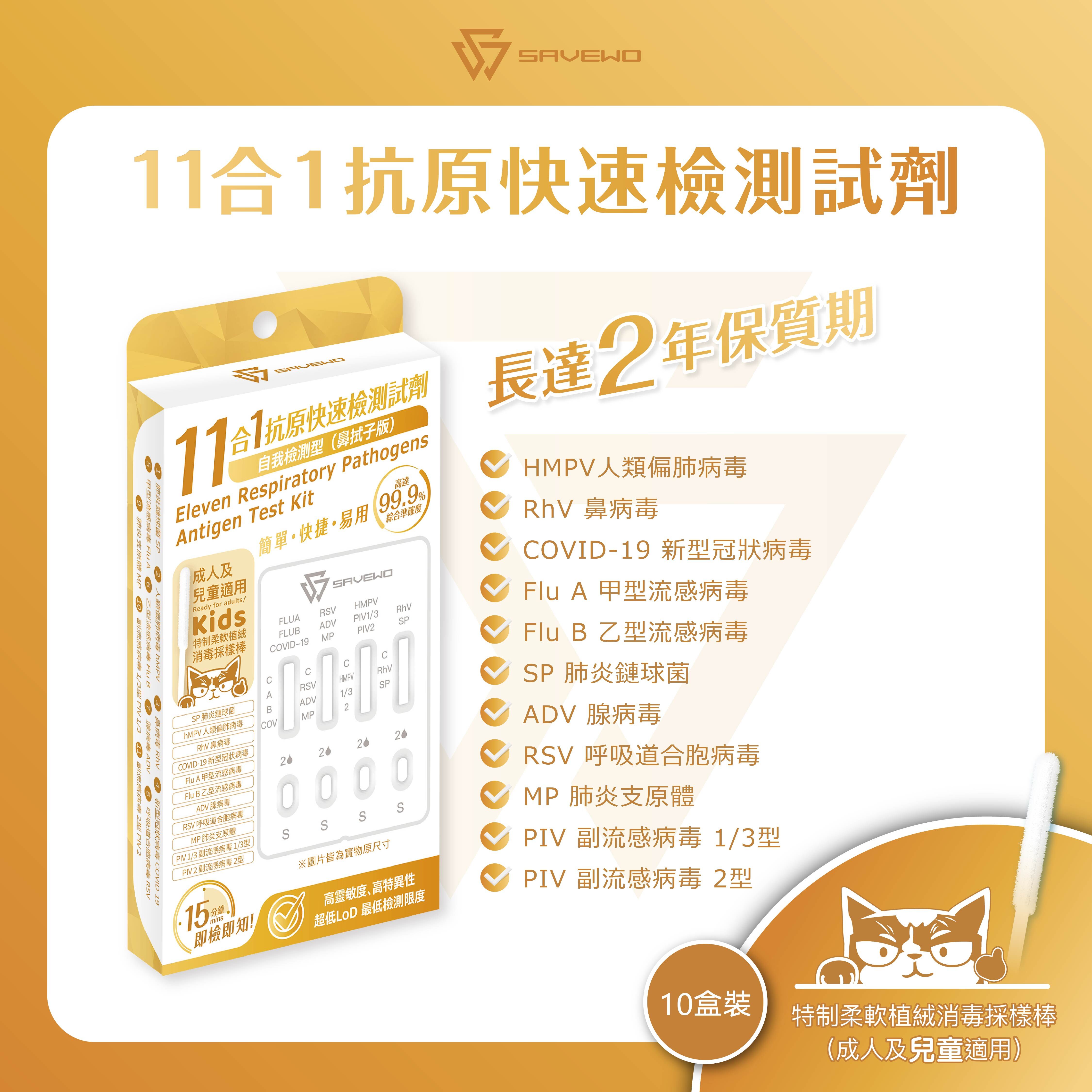 *5支裝* SAVEWO 十一合一抗原快速檢測試劑 新型冠狀病毒 (COVID-19) / 鼻病毒 (RhV) / 人類偏肺病毒 (hMPV) / 肺炎鏈球菌 (SP) / 肺炎支原體 (MP) / 合胞病毒 (RSV) / 腺病毒 (ADV) / 副流感1/3型 (PIV 1/3) / 副流感2型 (PIV 2) / 甲型流感 (Flu A) / ⼄型流感 (Flu B)