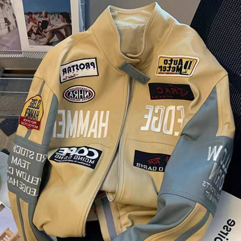 美式超帥短版刺繡皮革賽車服外套