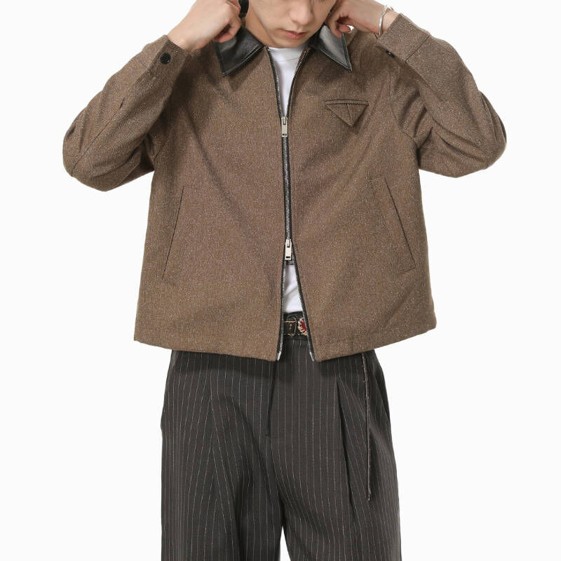 高質感歐美拼接翻領撞色時髦短版茸毛外套夾克