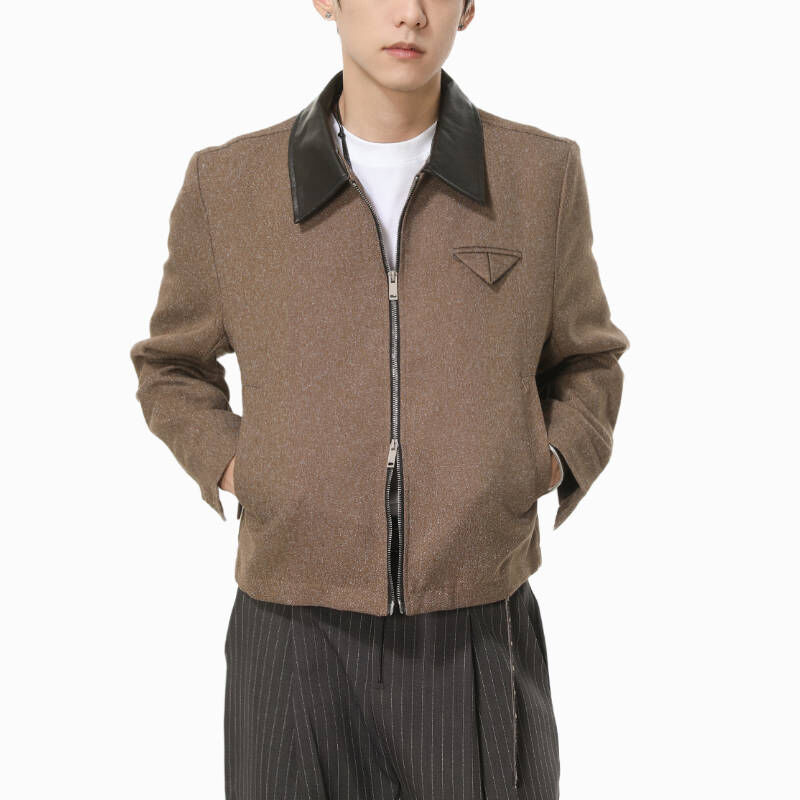 高質感歐美拼接翻領撞色時髦短版茸毛外套夾克