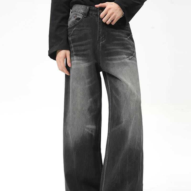 美式復古水洗直筒顯腿長黑灰牛仔褲