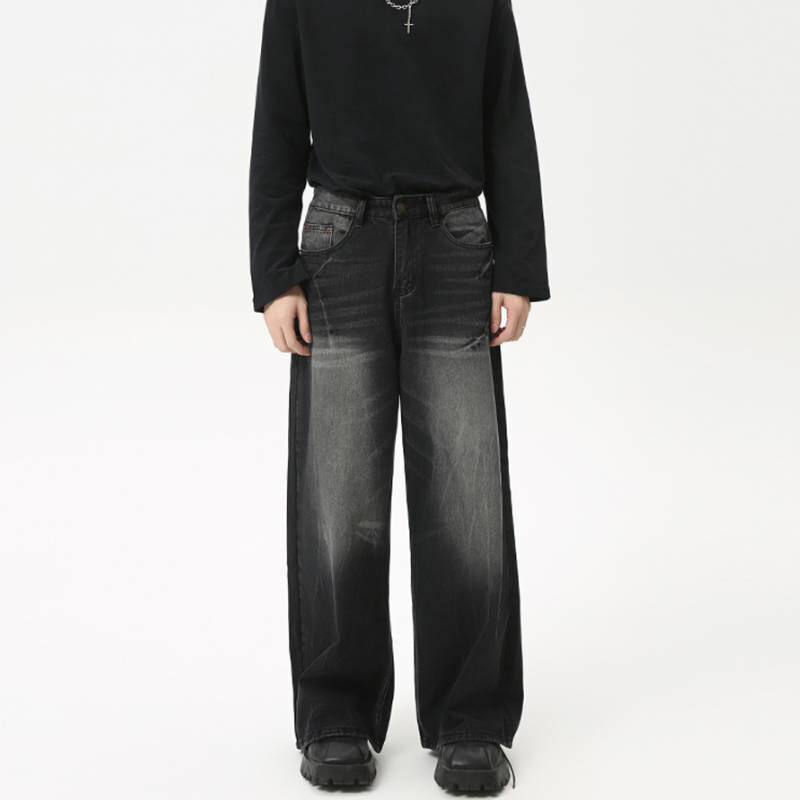 美式復古水洗直筒顯腿長黑灰牛仔褲