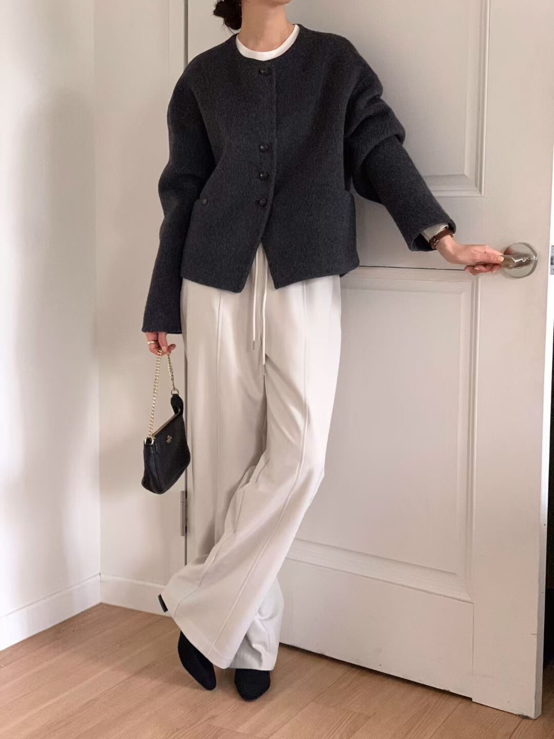 Handmade圓領排釦手工羊毛短大衣外套 / 2色