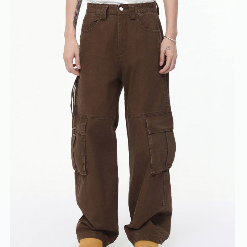 硬漢街頭風多口袋側邊拉鍊硬挺咖啡色牛仔工作褲