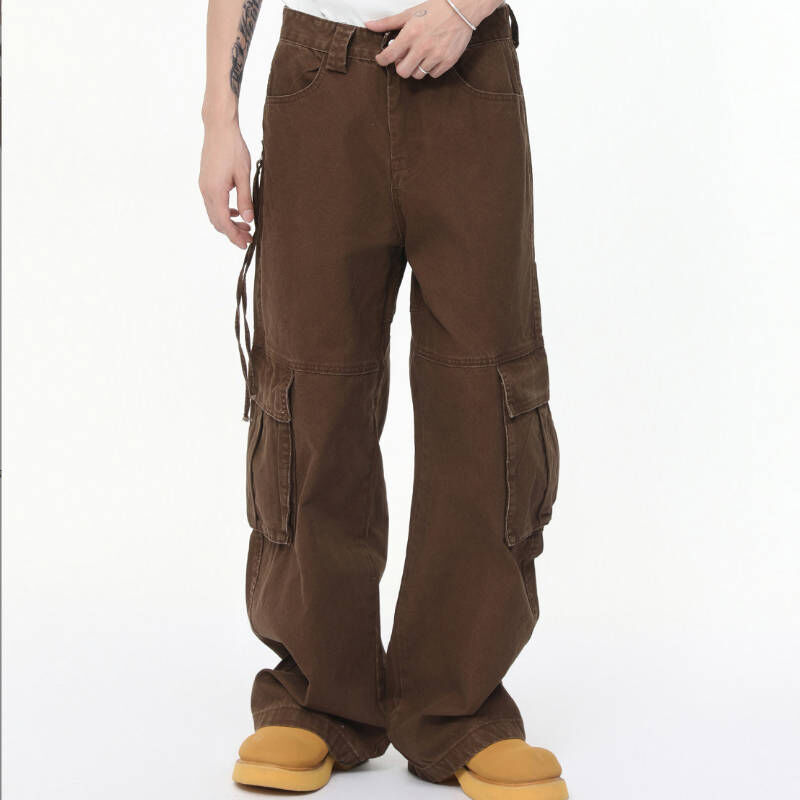 硬漢街頭風多口袋側邊拉鍊硬挺咖啡色牛仔工作褲