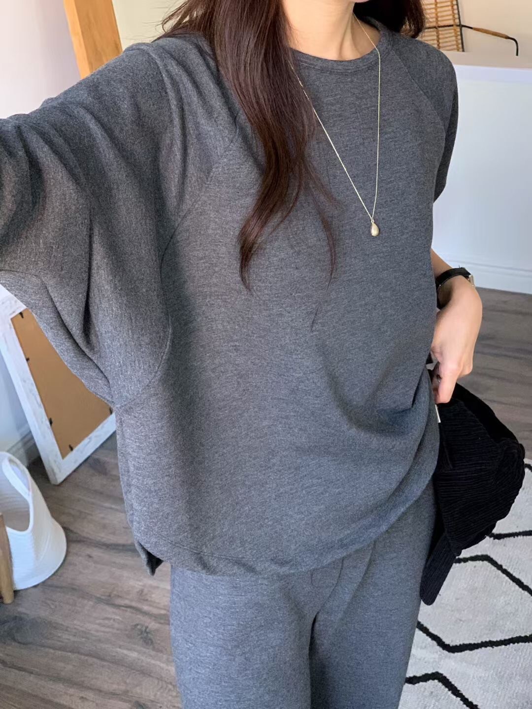 圓弧下擺造型落肩上衣+長褲SET / 2色