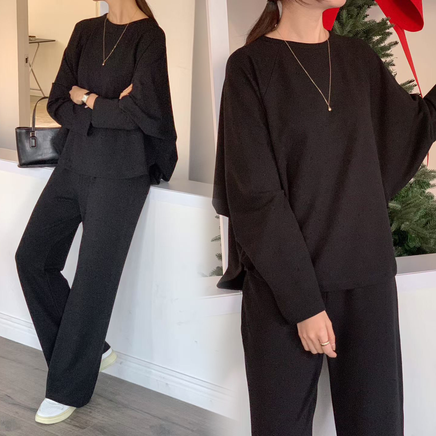 圓弧下擺造型落肩上衣+長褲SET / 2色