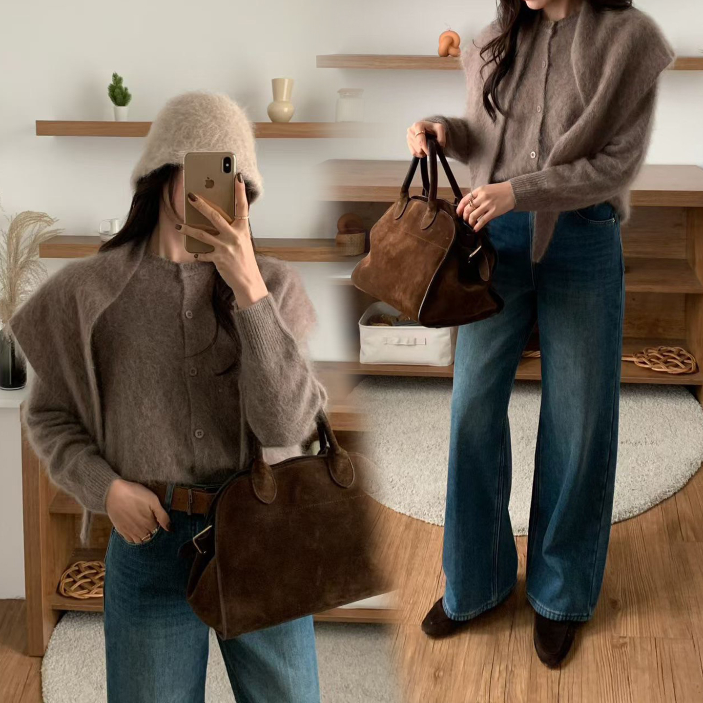 100%羊毛圓領排釦針織罩衫上衣+披肩SET / 3色