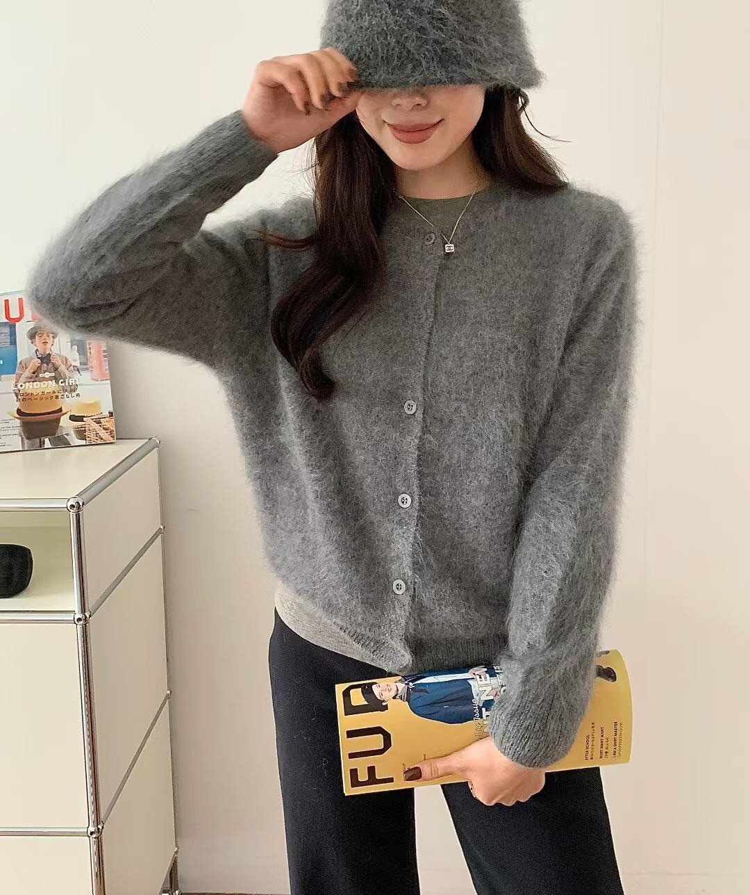 100%羊毛圓領排釦針織罩衫上衣+披肩SET / 3色