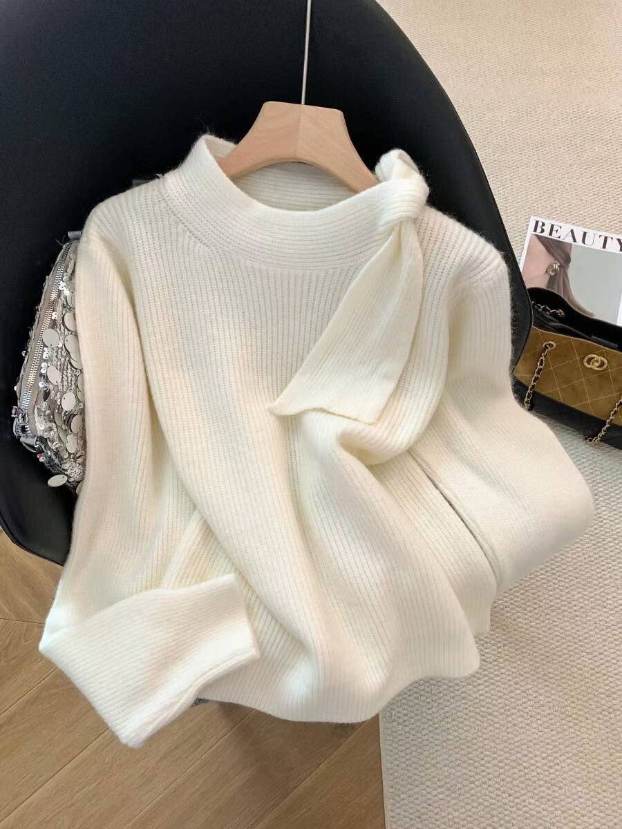 立領綁帶造型馬海毛針織上衣毛衣 / 2色