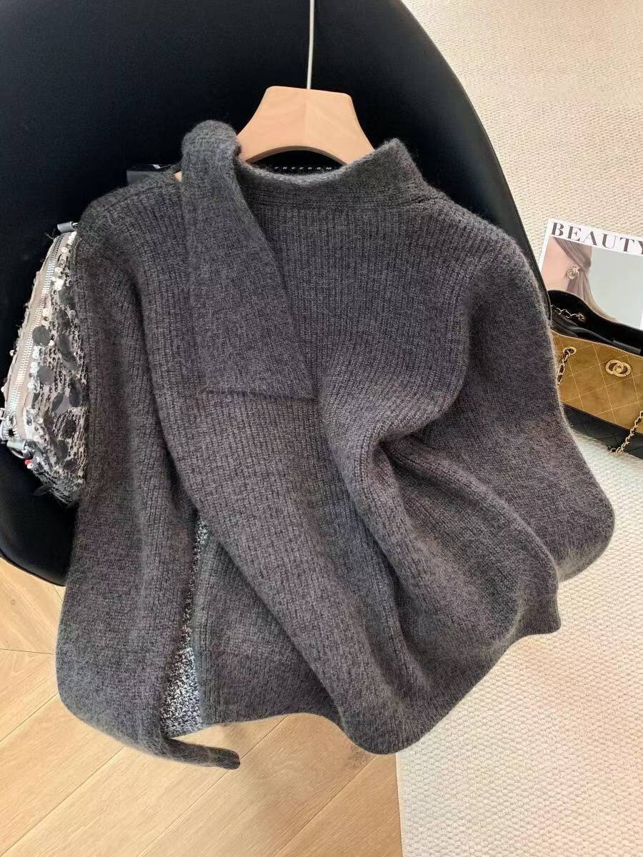 立領綁帶造型馬海毛針織上衣毛衣 / 2色