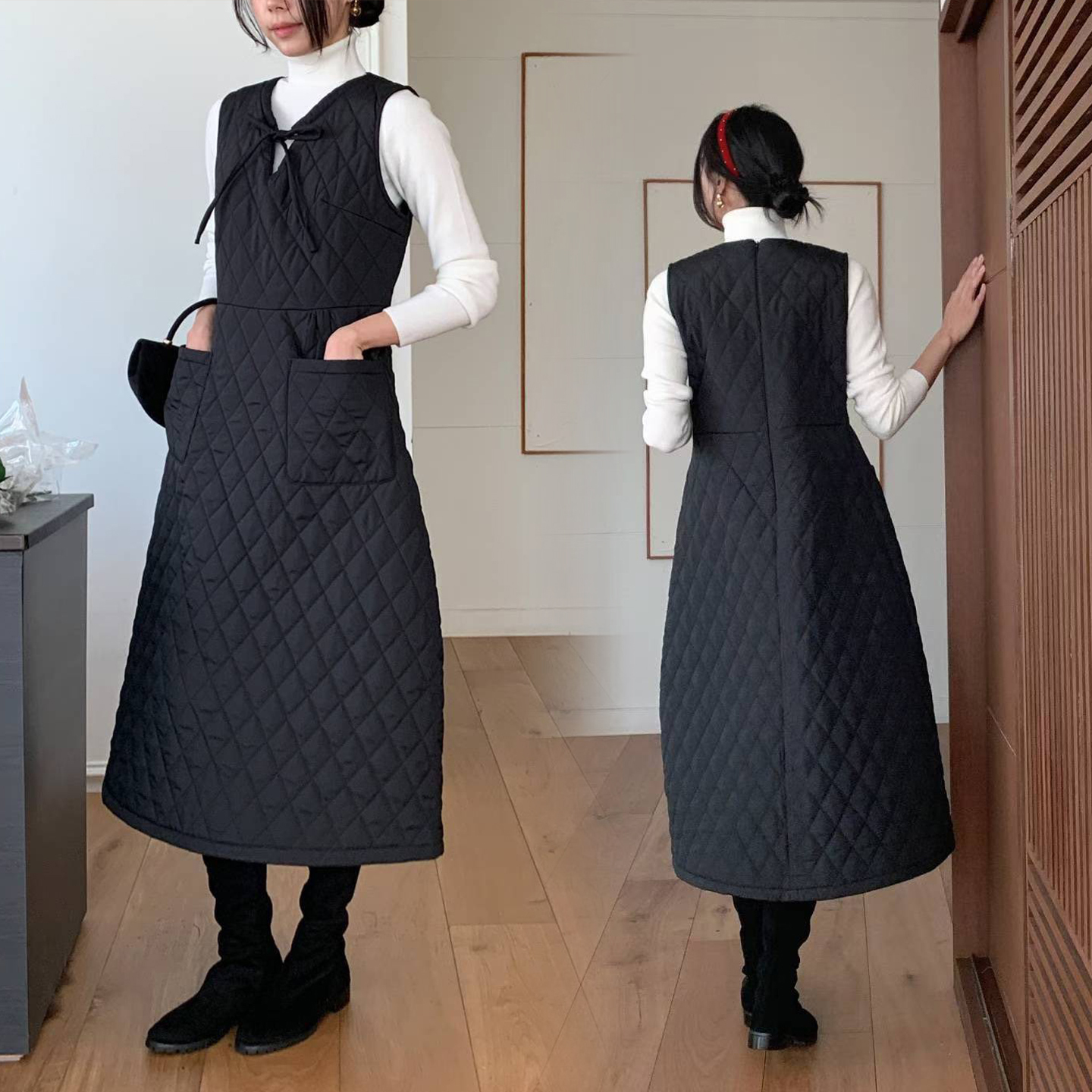 經典黑菱格壓紋V領綁帶造型背心裙長洋裝