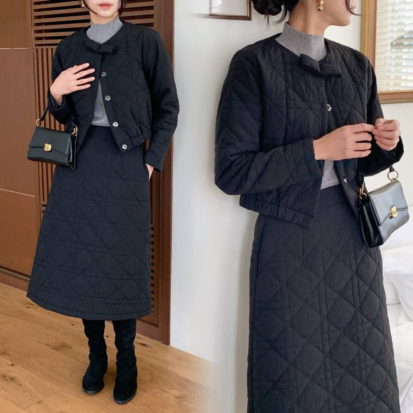 菱格紋蝴蝶結圓領縮腰外套+長裙SET-S-Ｍ / 2色