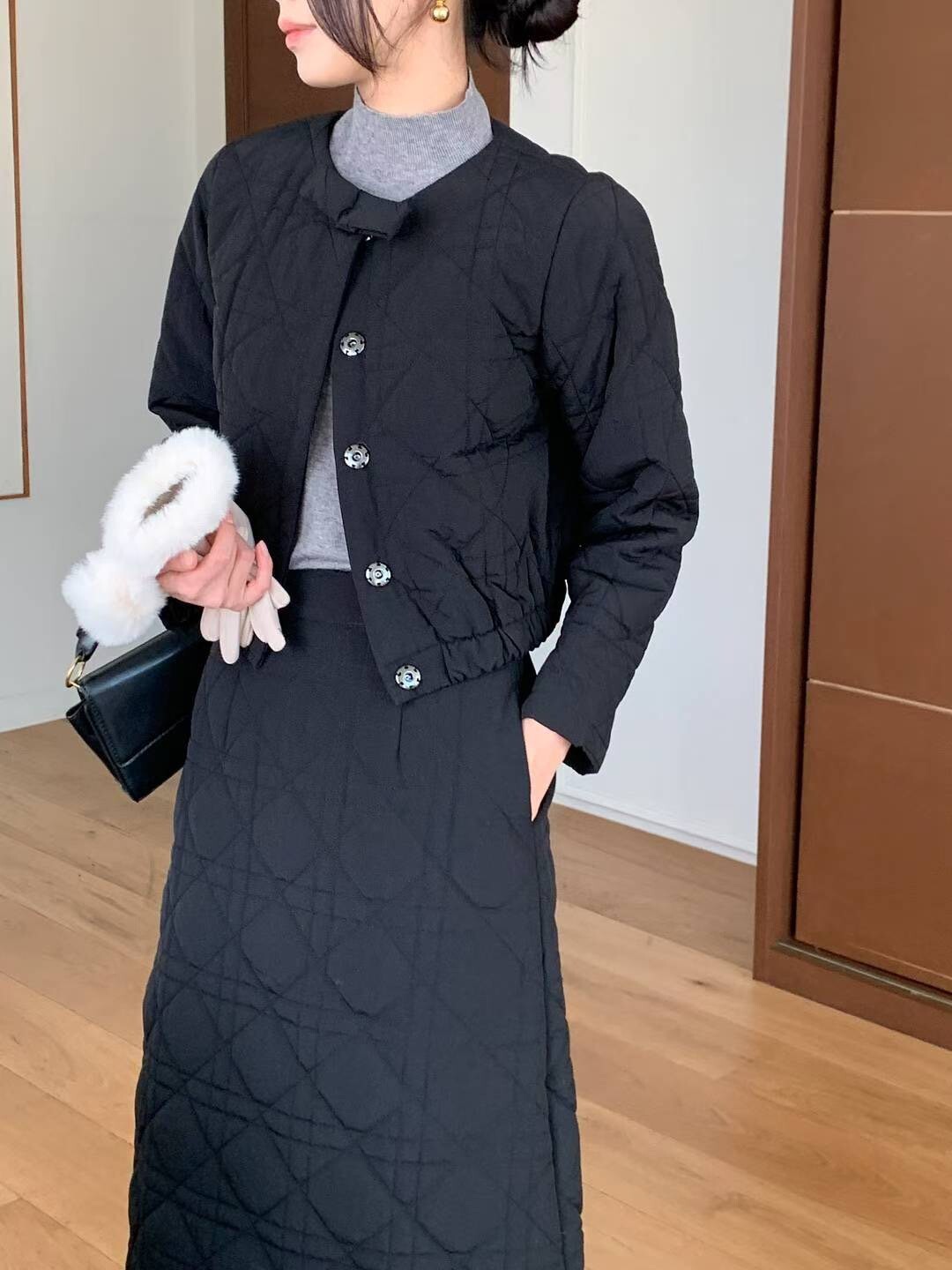 菱格紋蝴蝶結圓領縮腰外套+長裙SET-S-Ｍ / 2色