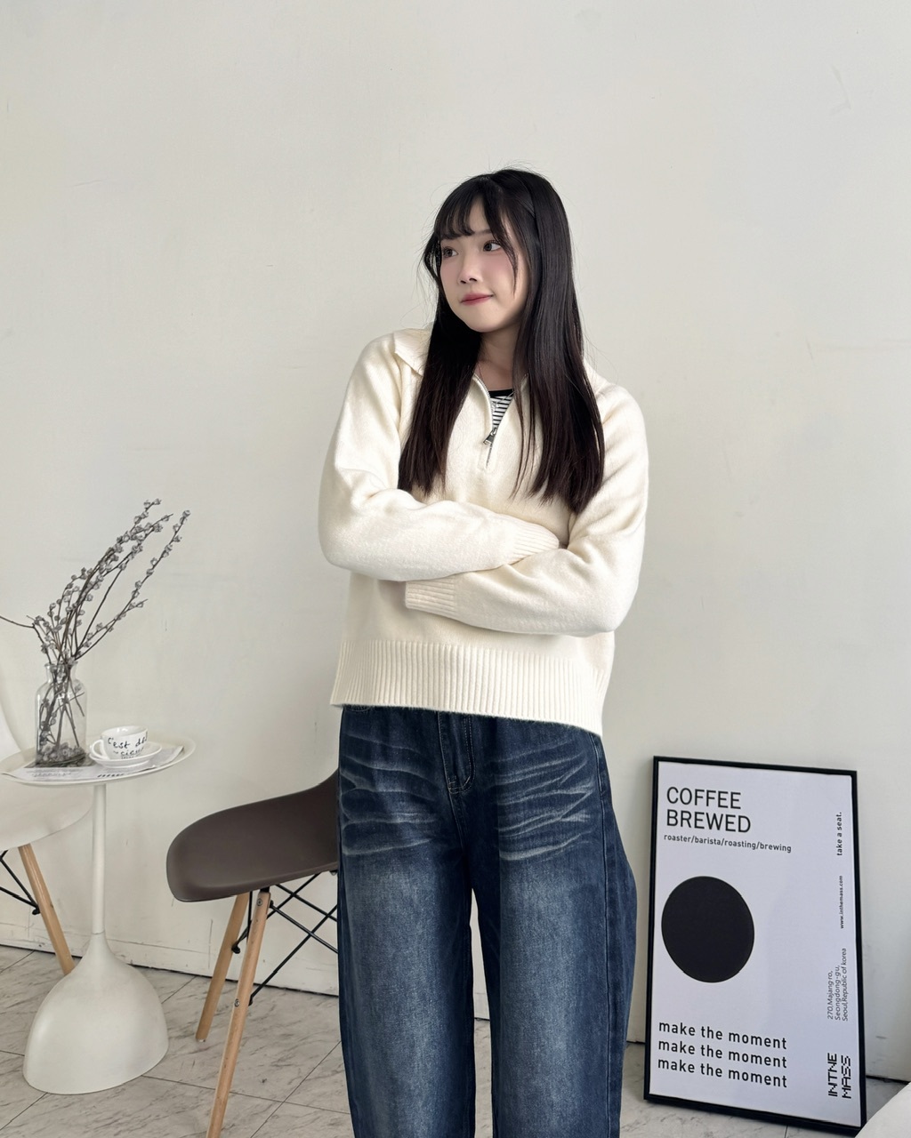 簡約素面拉鍊立領針織毛衣-0608