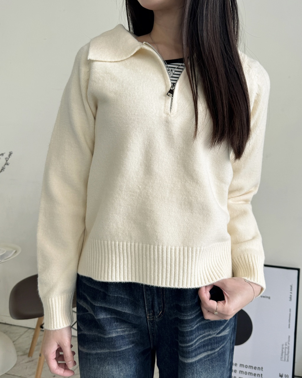 簡約素面拉鍊立領針織毛衣-0608