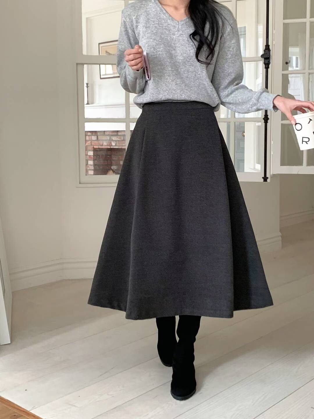 秋冬色系毛呢A字傘擺長裙-S-Ｍ / 2色
