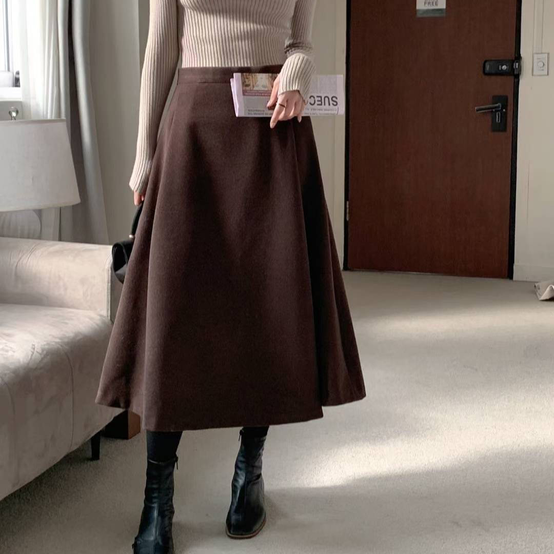 秋冬色系毛呢A字傘擺長裙-S-Ｍ / 2色
