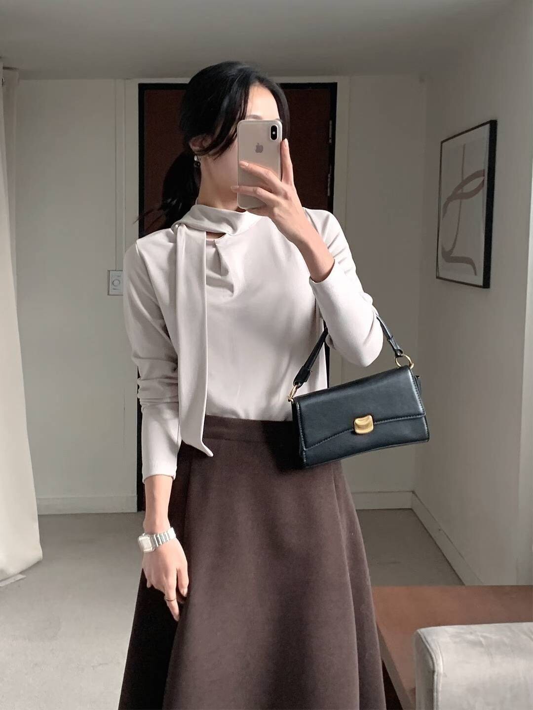 氣質女子領巾造型合身長袖上衣 / 3色