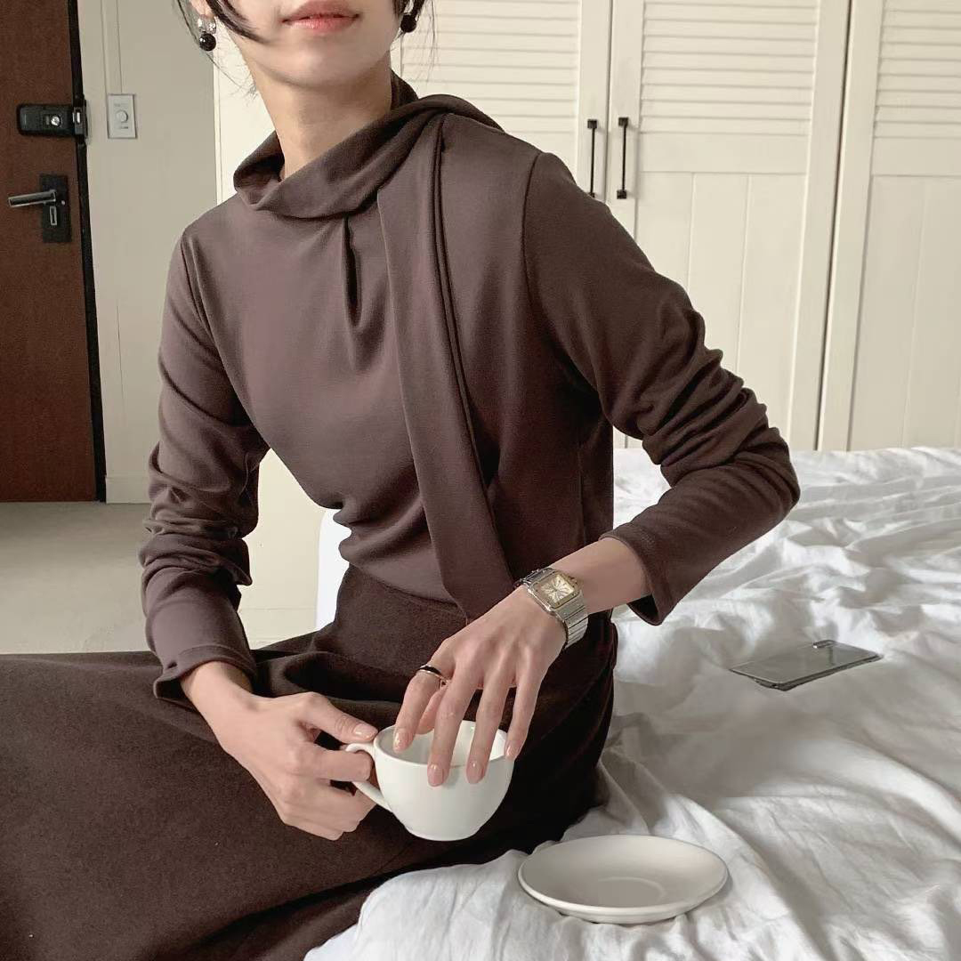 氣質女子領巾造型合身長袖上衣 / 3色