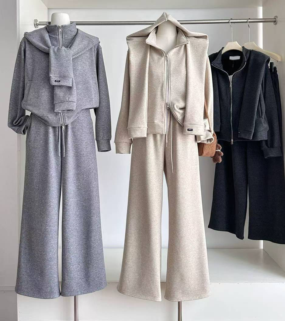 立領拉鍊外套+同色系披肩+休閒長褲SET / 3色