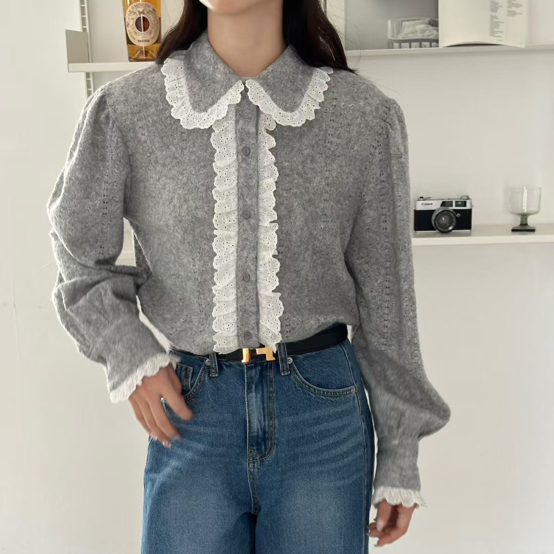 拼接白色布蕾絲荷葉滾邊翻領上衣 / 2色