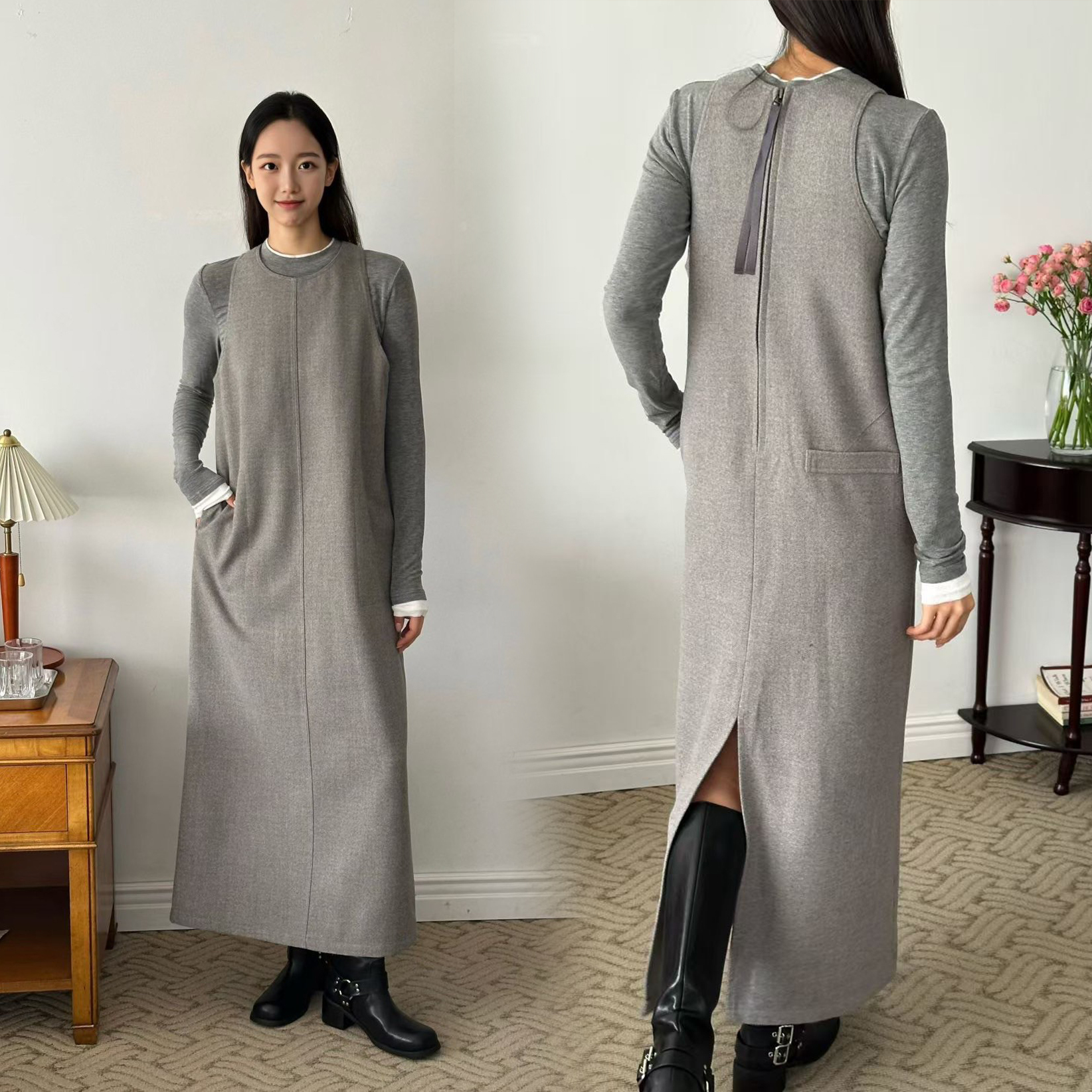 後開衩拉鍊造型毛呢圓領背心裙長洋裝 / 2色