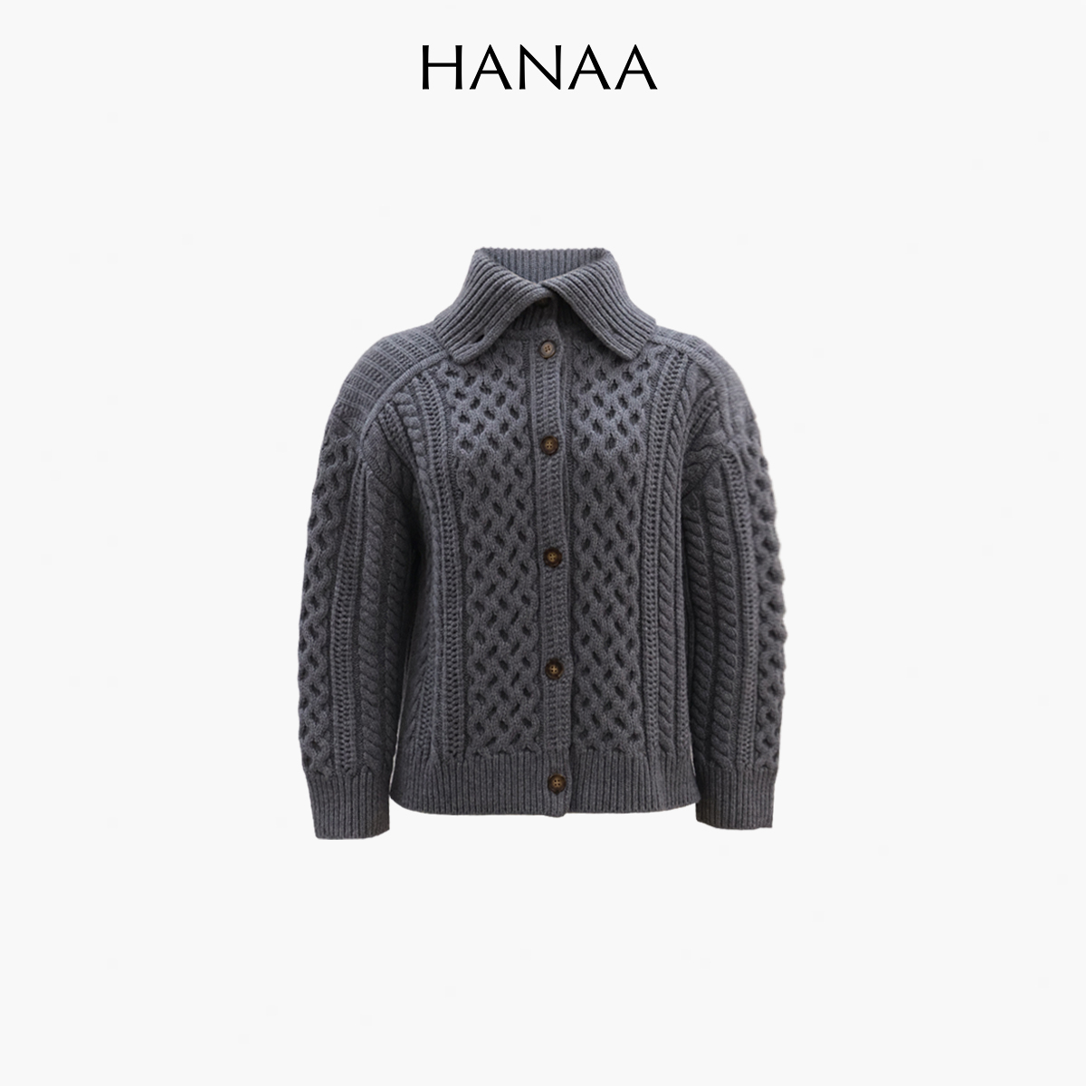 HANAA 新款羊毛翻領絞花針織外套