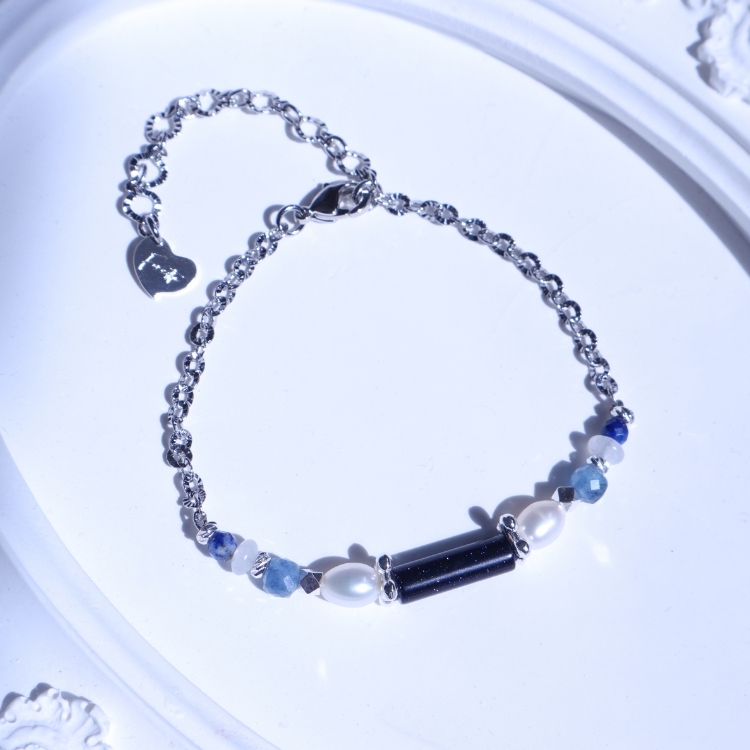 星雪藍庭 霜玫月庭 藍砂石 粉水晶 鈦鋼手鏈 獨家設計款