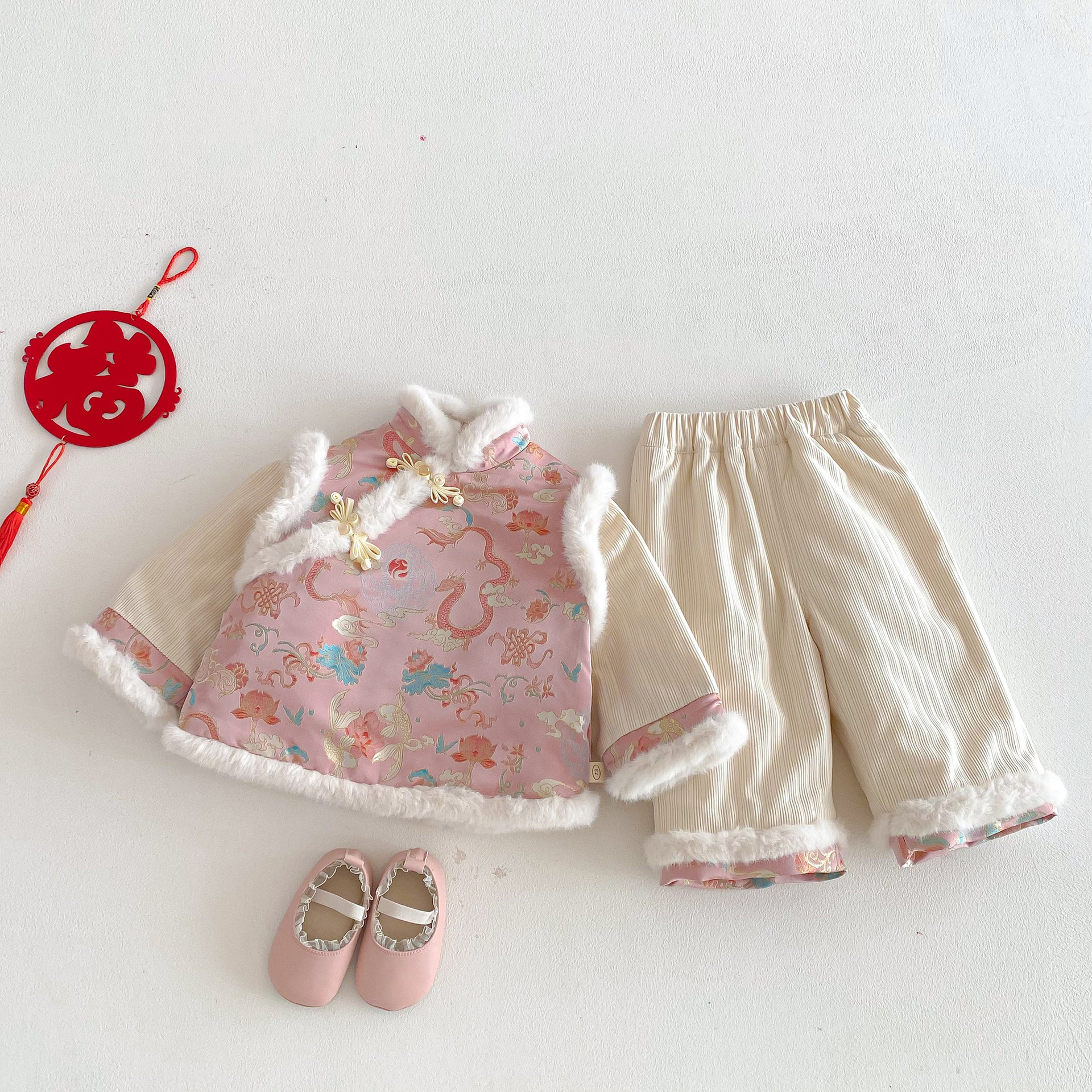 豆蔻粉古風毛邊夾棉套裝(73-120)