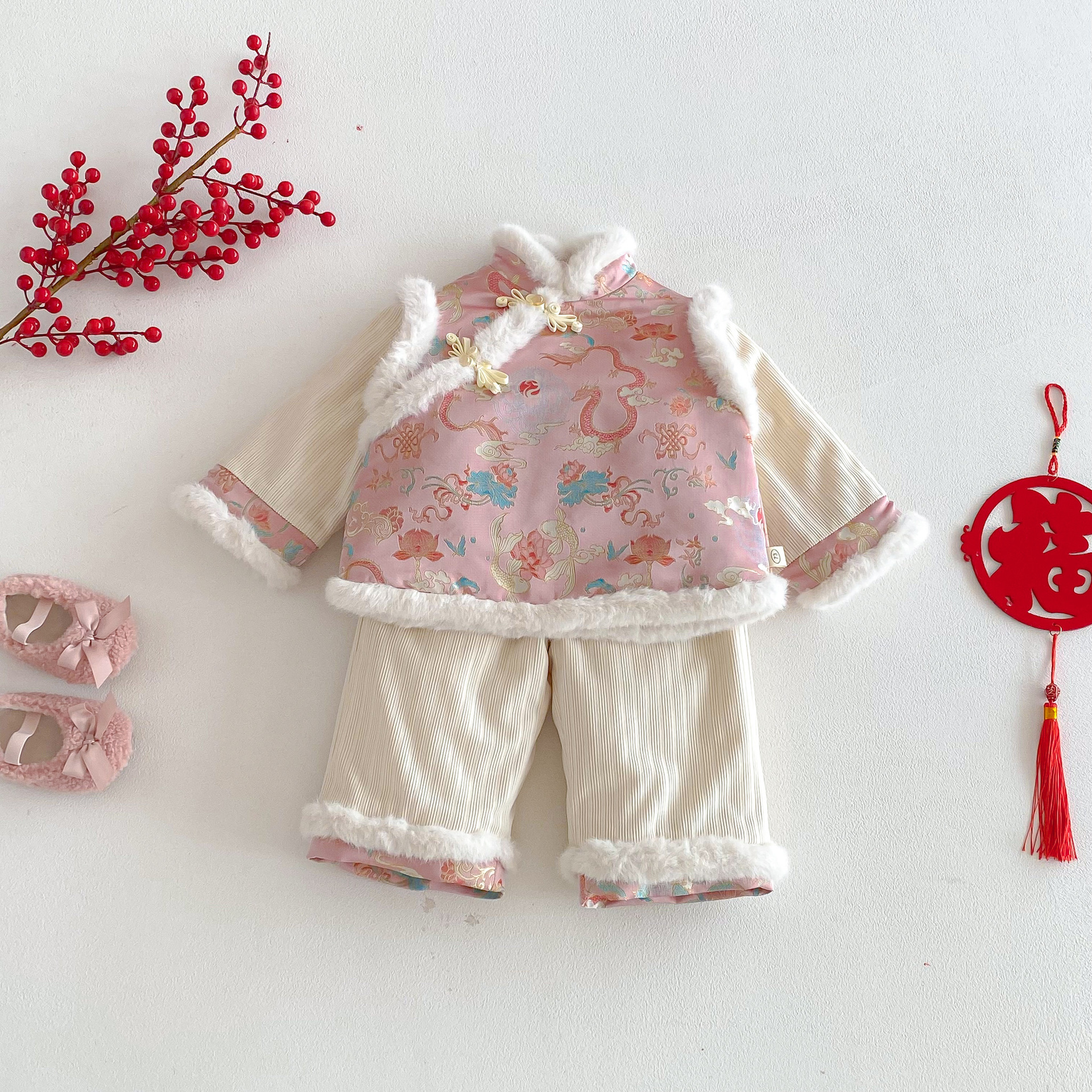 豆蔻粉古風毛邊夾棉套裝(73-120)