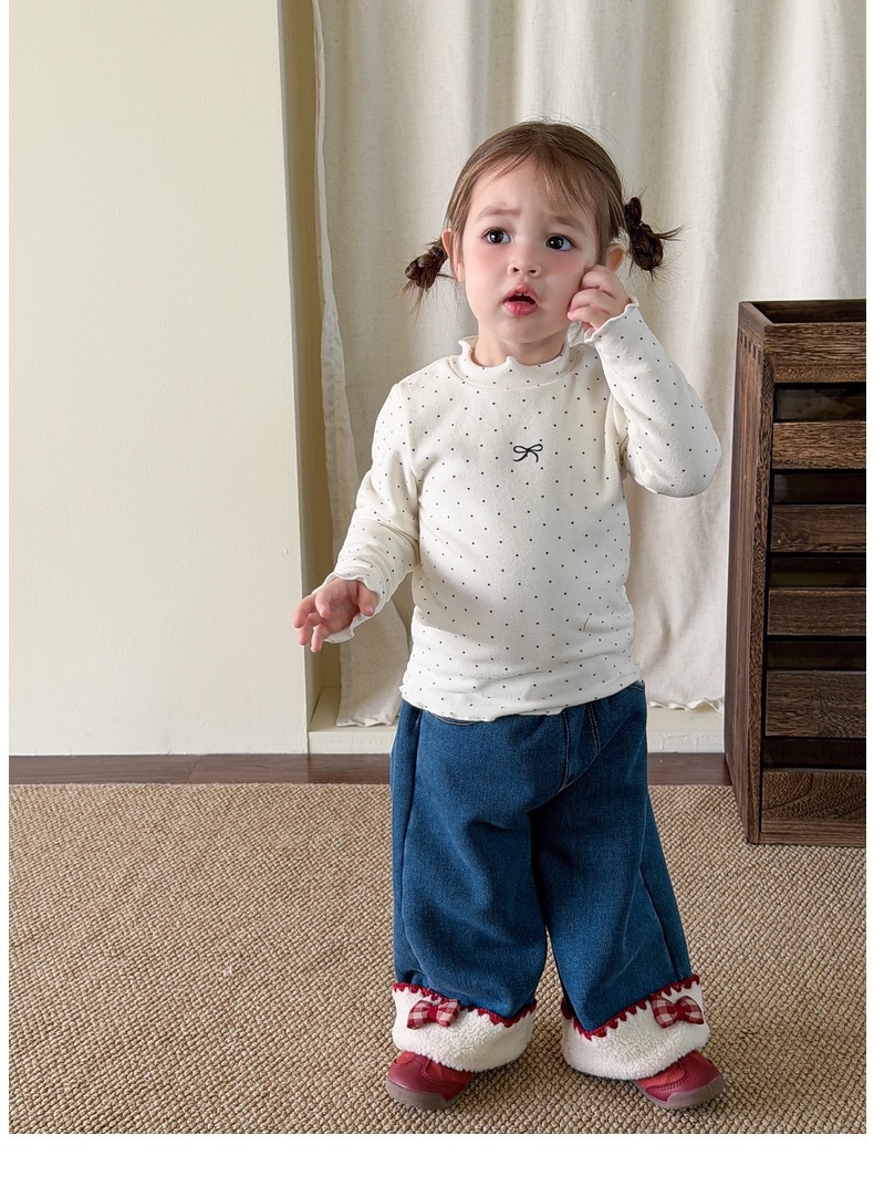 磨毛薄絨波點木耳上衣