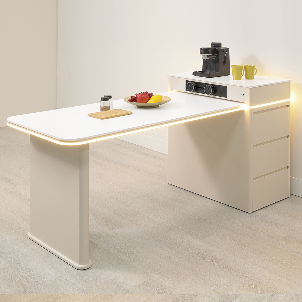 凱特琳岩板伸縮中島型餐桌櫃/多功能收納餐桌置物櫃組合-附電器專用插座(寬150~180公分)