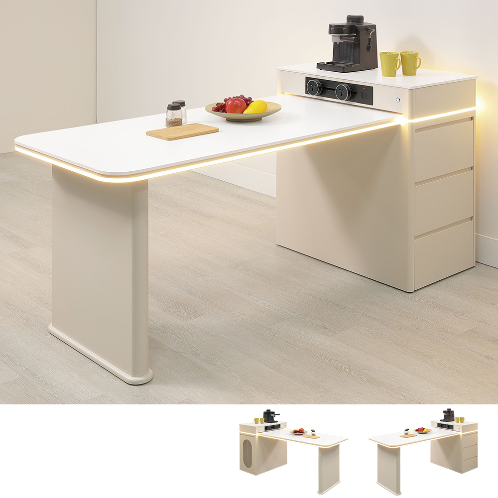 凱特琳岩板伸縮中島型餐桌櫃/多功能收納餐桌置物櫃組合-附電器專用插座(寬150~180公分)