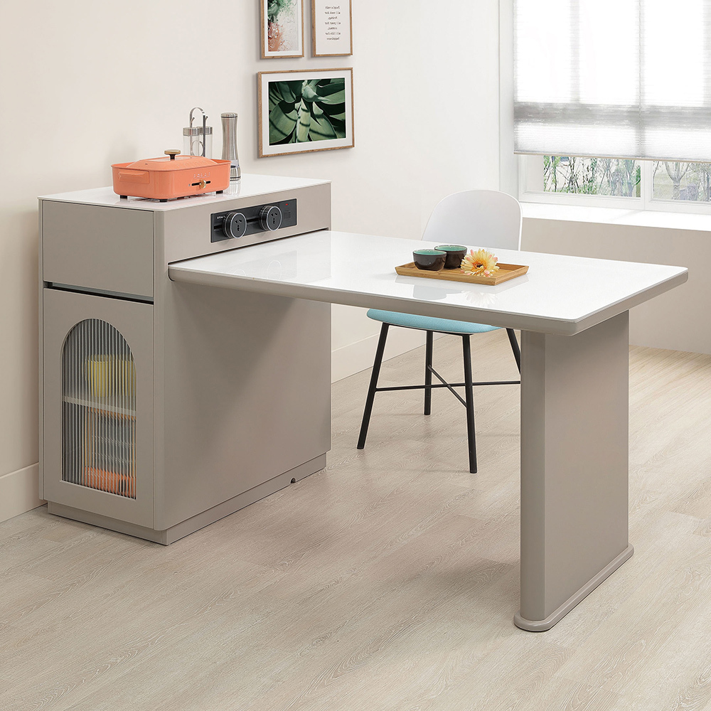 艾絲翠岩板伸縮中島型餐桌櫃/多功能收納餐桌置物櫃組合-附電器專用插座(寬130~170公分)