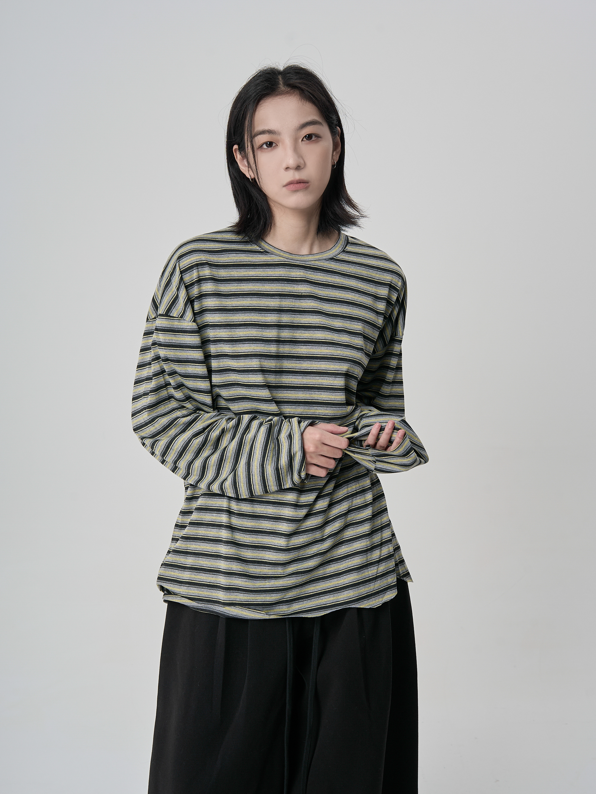 柔條紋長袖上衣-綠