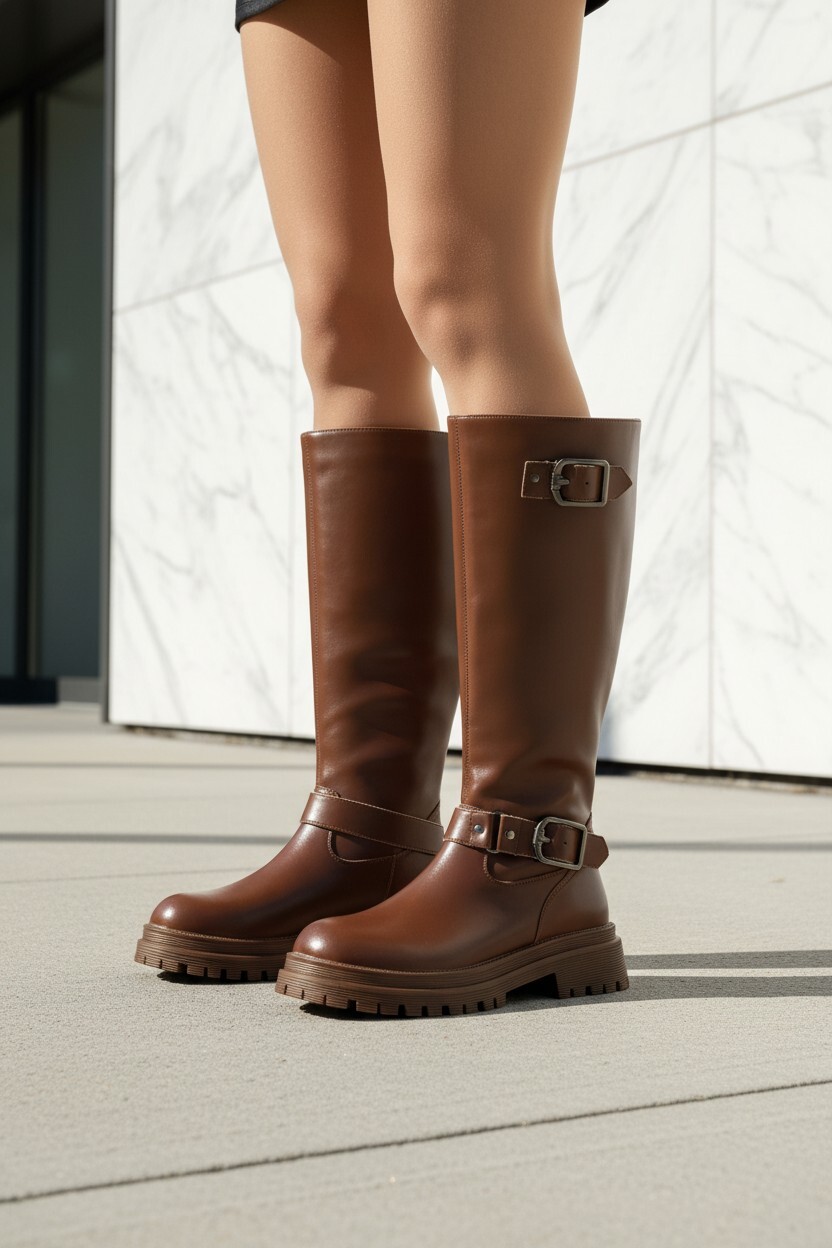 Dual Buckle 雙釦設計膝下長靴
