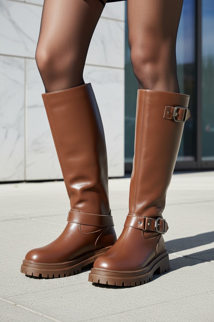 Dual Buckle 雙釦設計膝下長靴