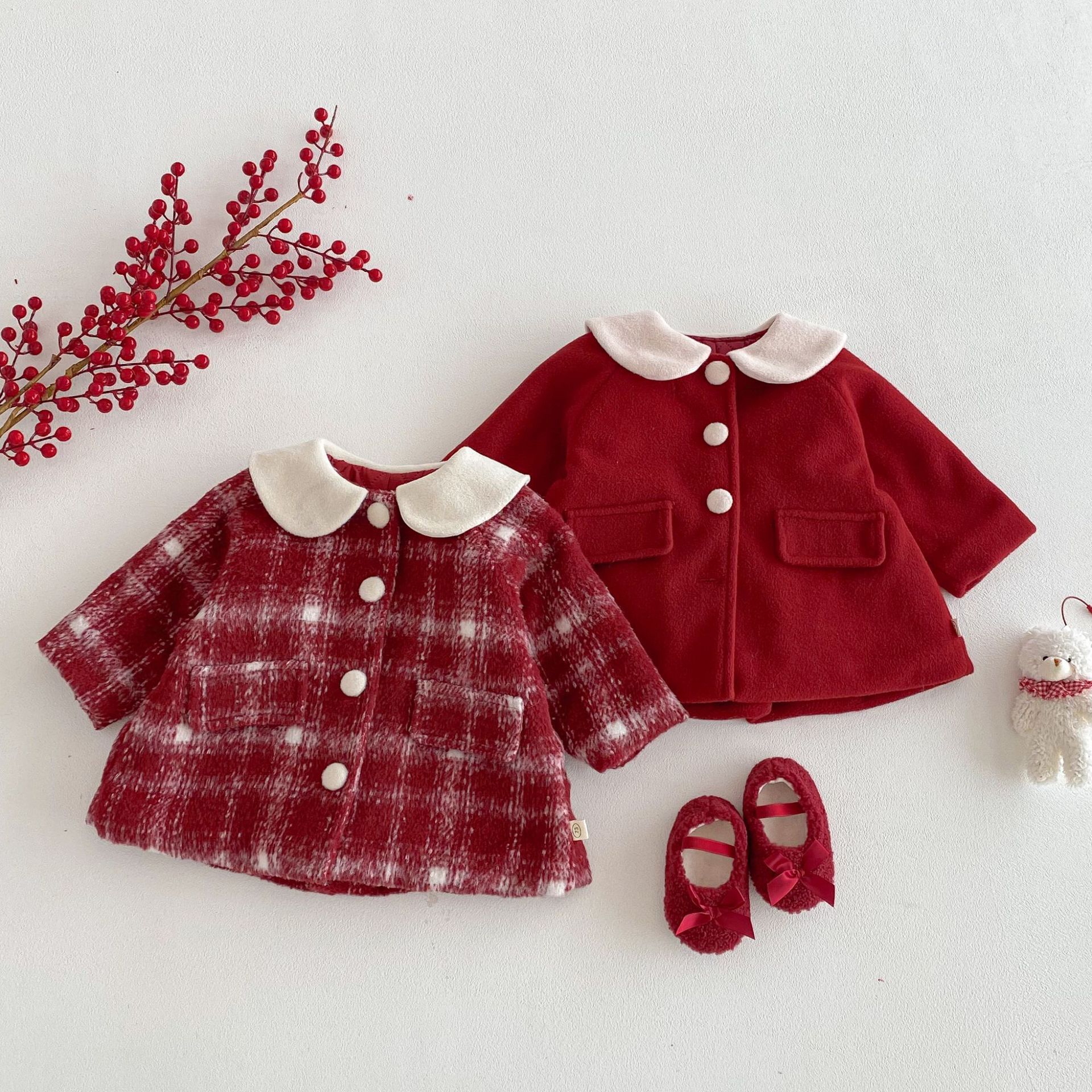 格紋純色毛呢夾棉外套(73-120)