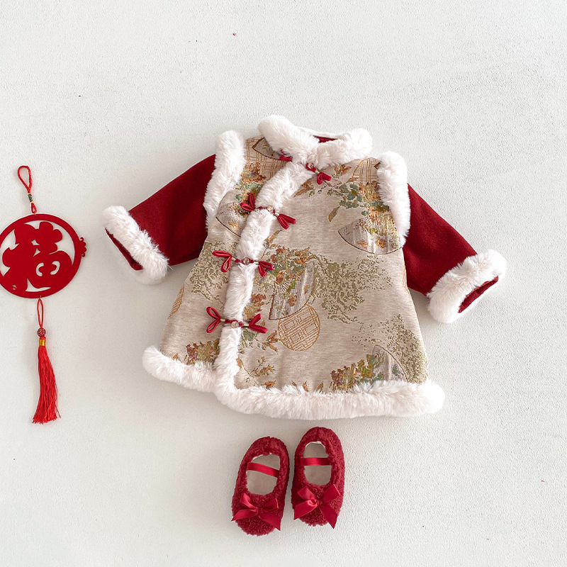 錦繡盤扣毛絨花邊洋裝(73-120)