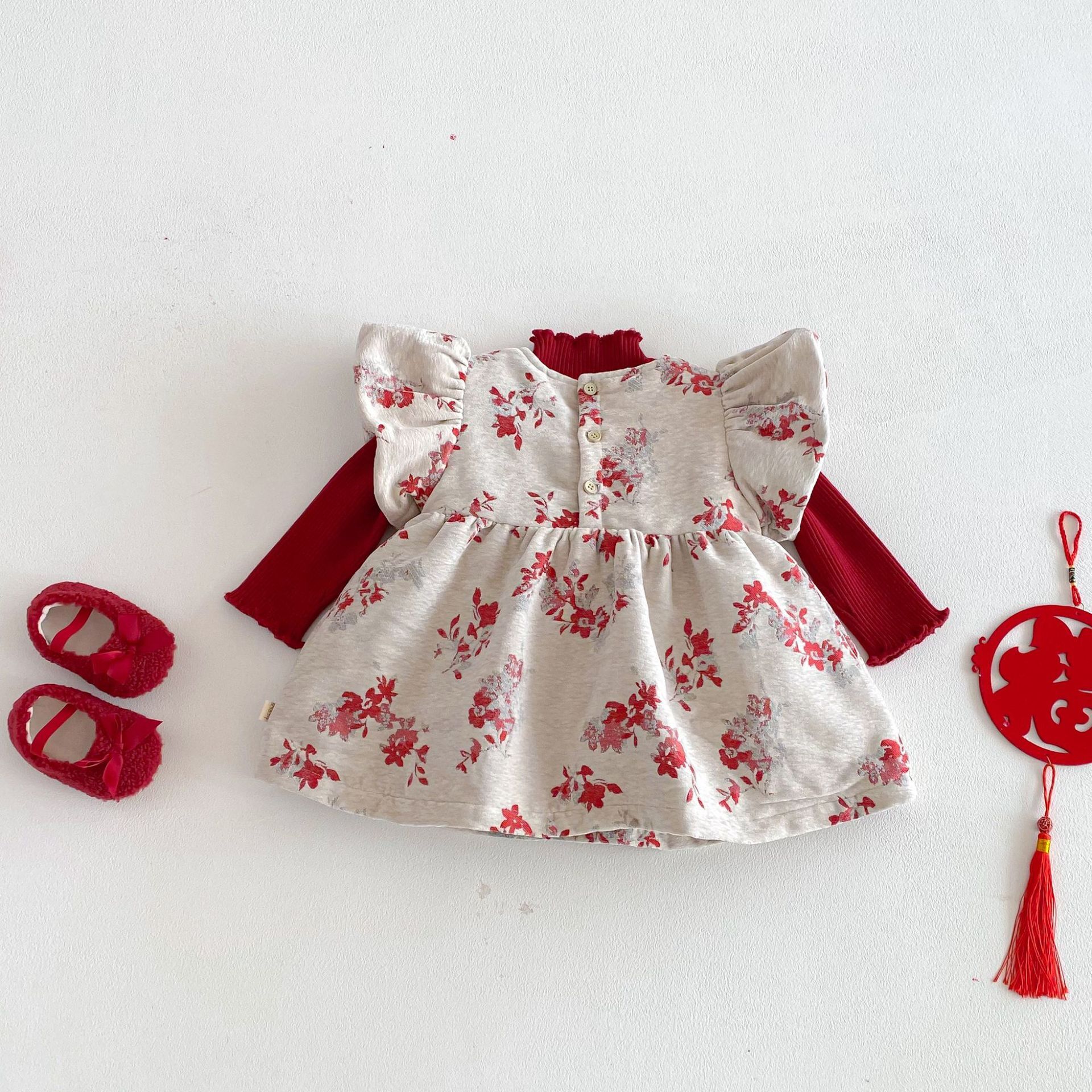 春日紅花澎袖洋裝(73-120)