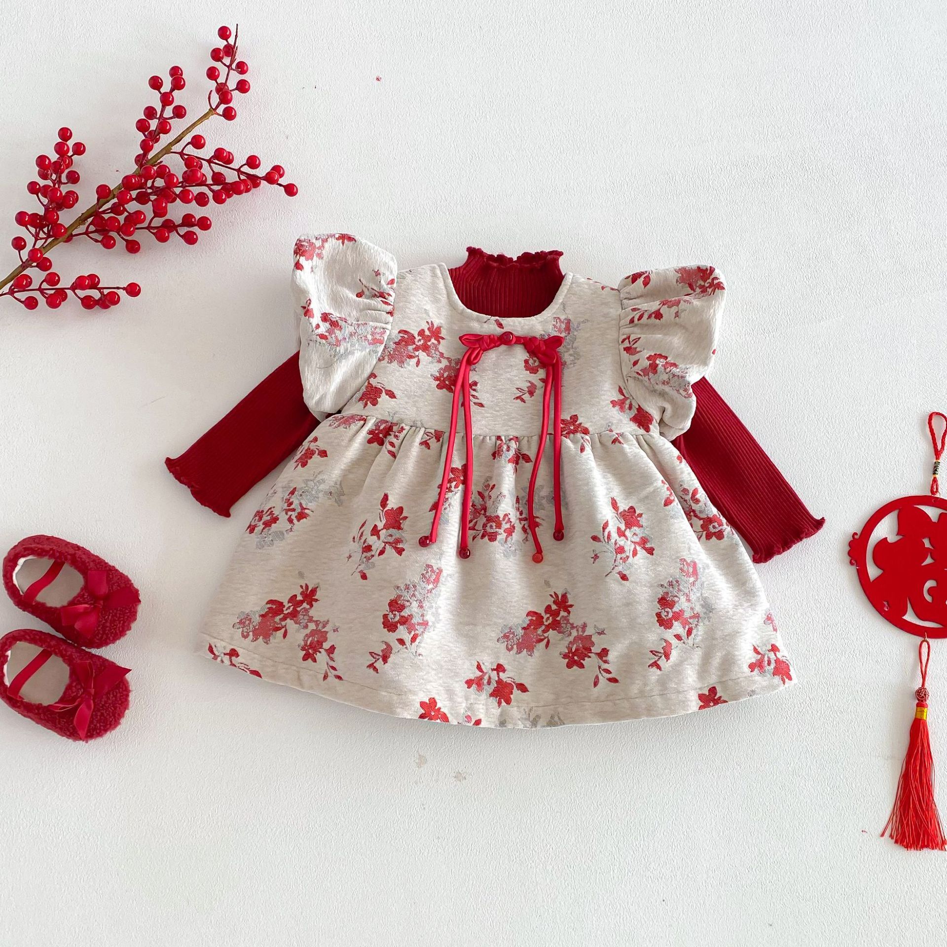 春日紅花澎袖洋裝(73-120)