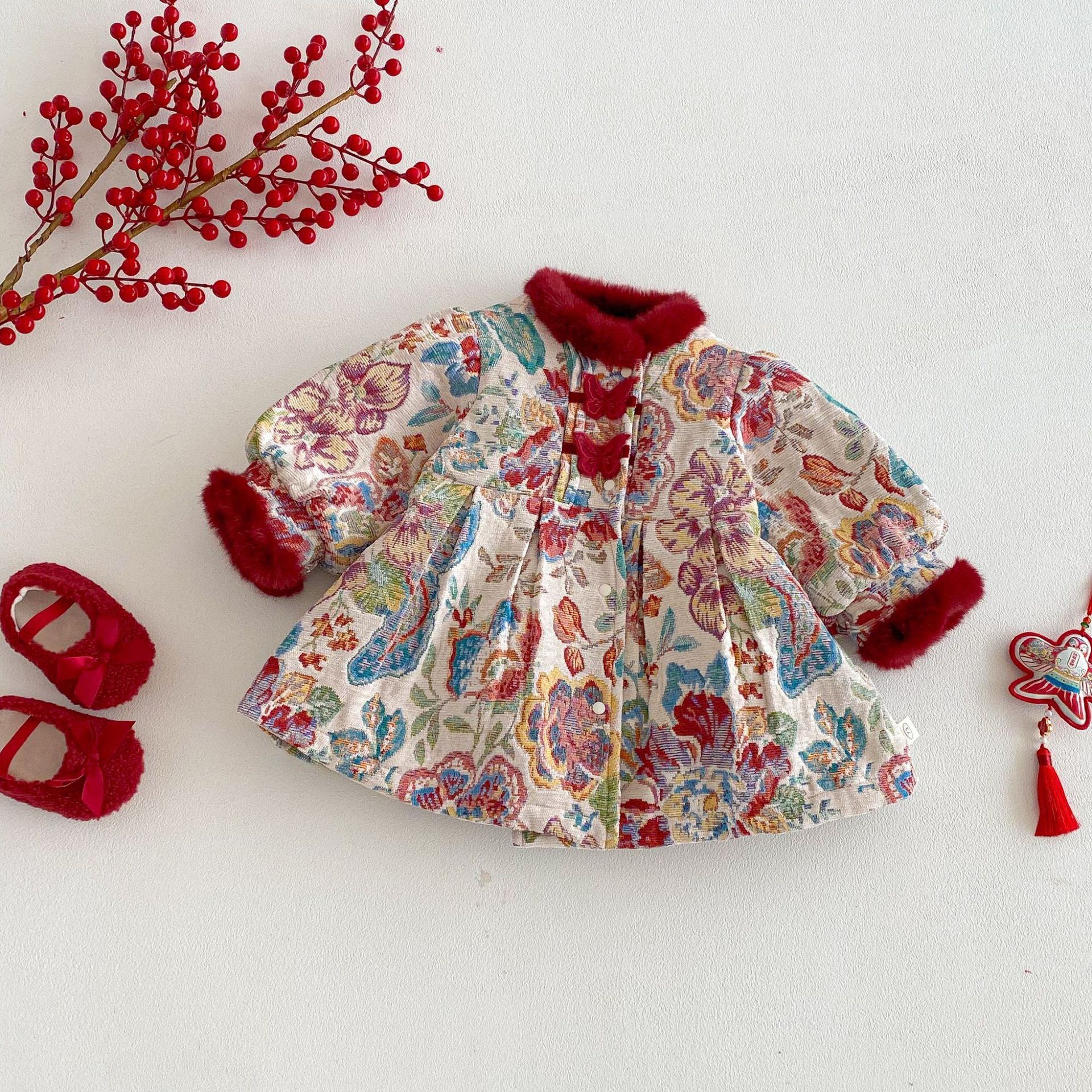 華麗織錦澎袖夾棉洋裝(73-120)