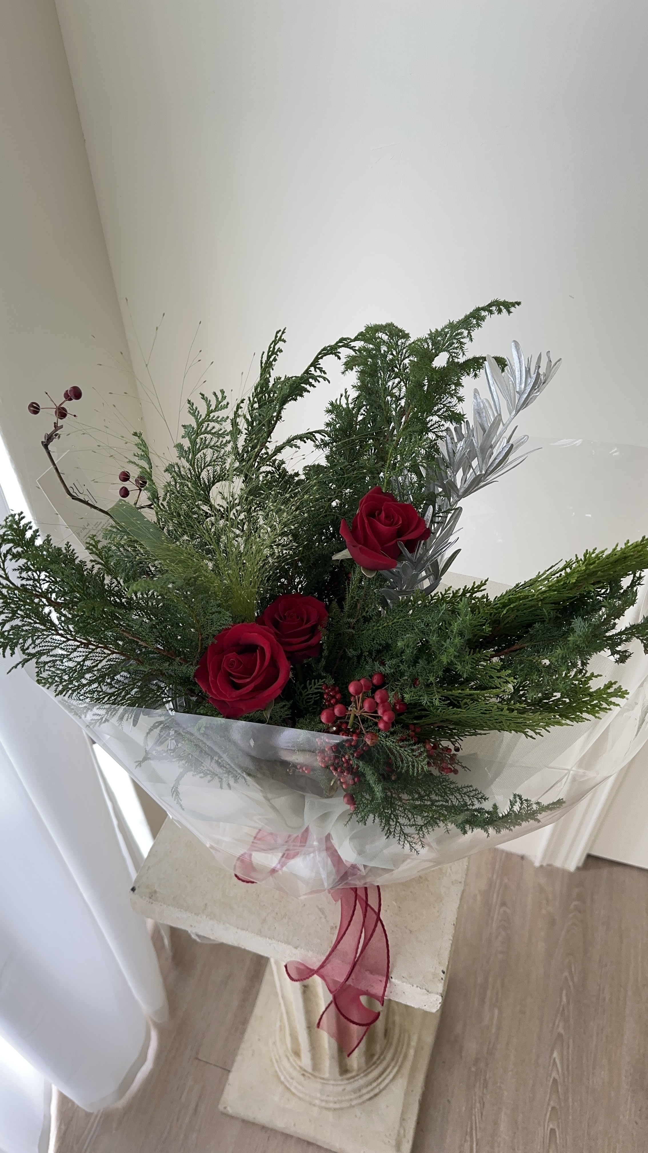 星夜雪松-聖誕雪松玫瑰花束（透明空氣感包裝款）